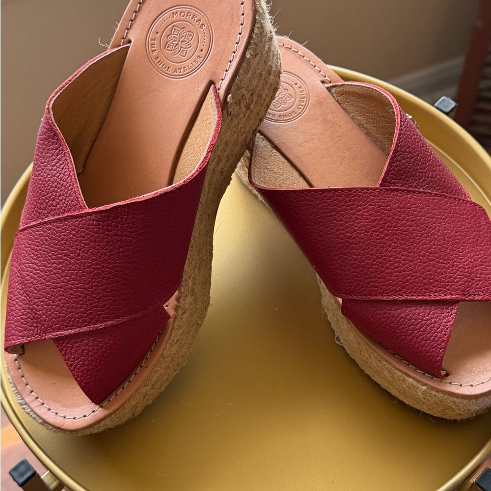 MORKAS The Shoe Atelier Size‎ 23 or 6.5 Red Leather Espadrille Wedge Sandals